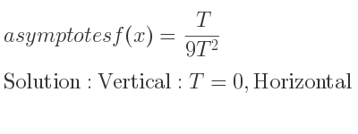 The asymptotes of f(x)= T/(9T^2) is Vertical: T=0,Horizontal: x=0